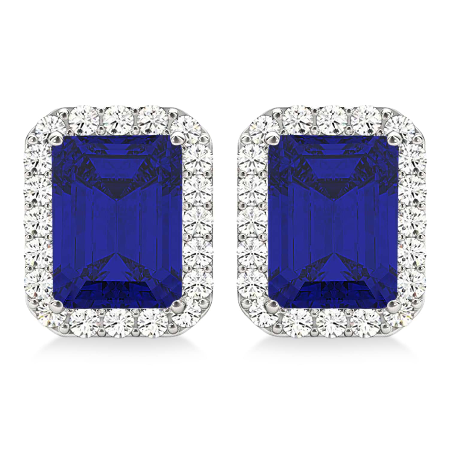 Emerald Cut Blue Sapphire & Diamond Halo Earrings 14k White Gold (2.60ct)