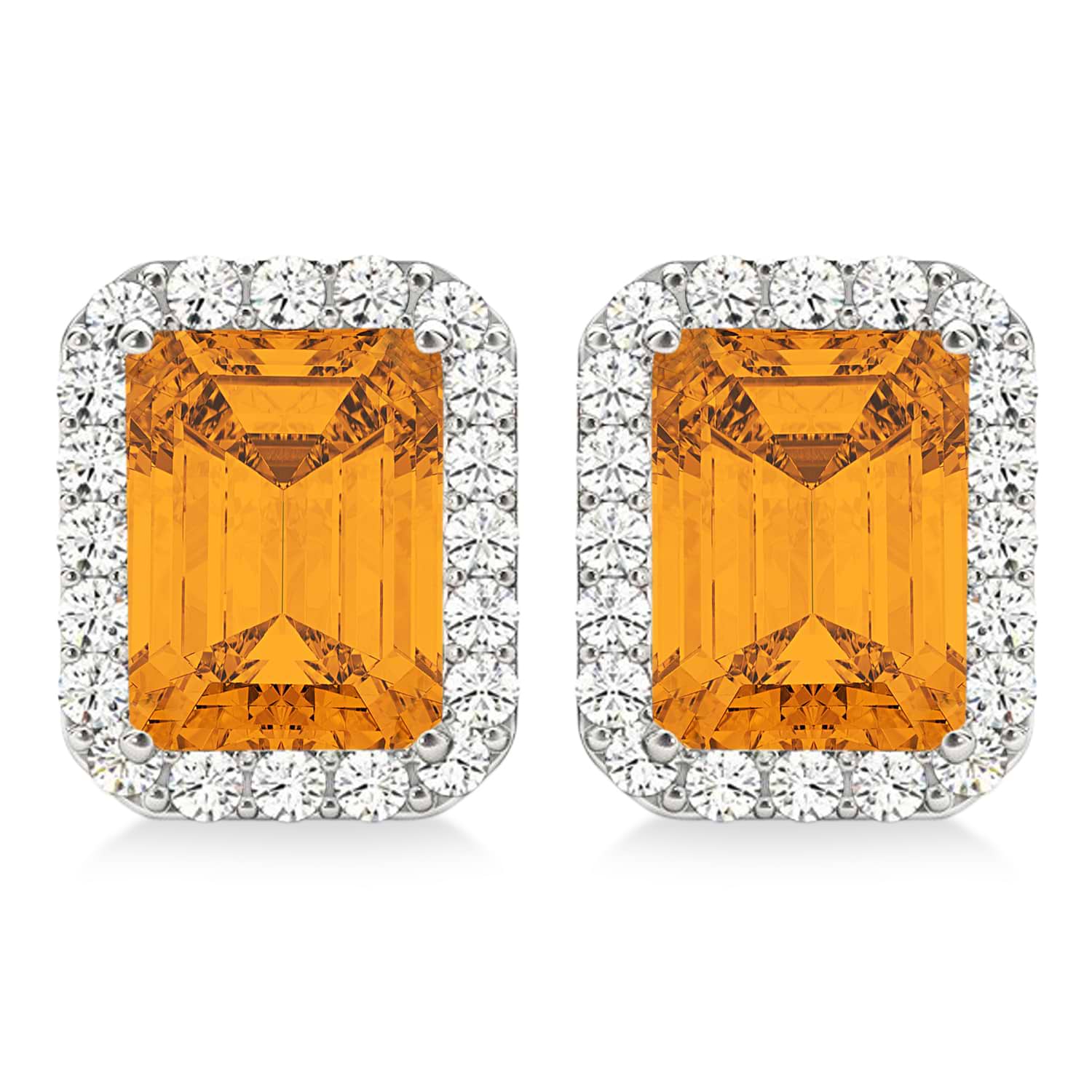 Emerald Cut Citrine & Diamond Halo Earrings 14k White Gold (2.30ct)
