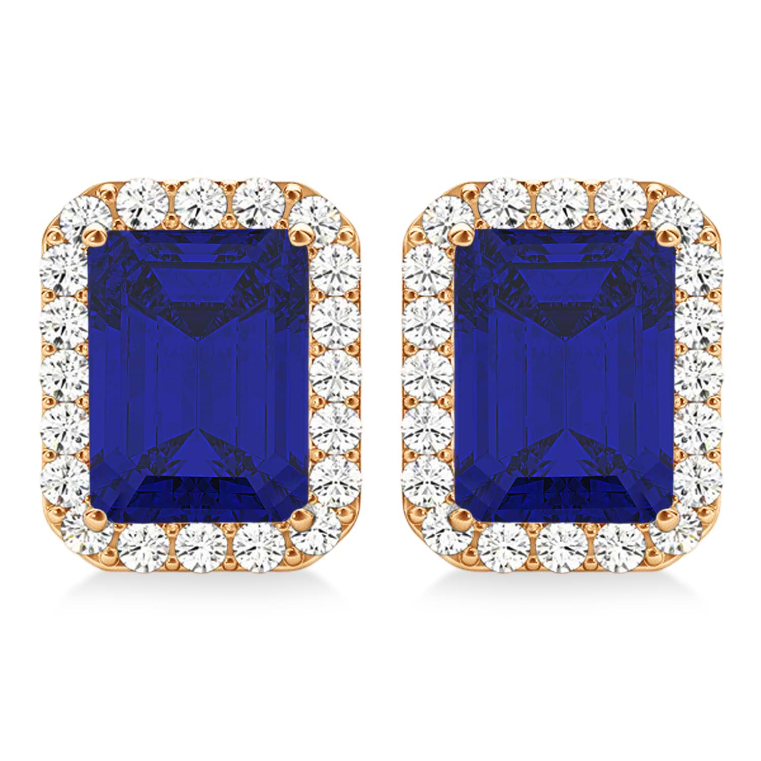 Emerald Cut Lab Blue Sapphire & Diamond Halo Earrings 14k Rose Gold (2.60ct)