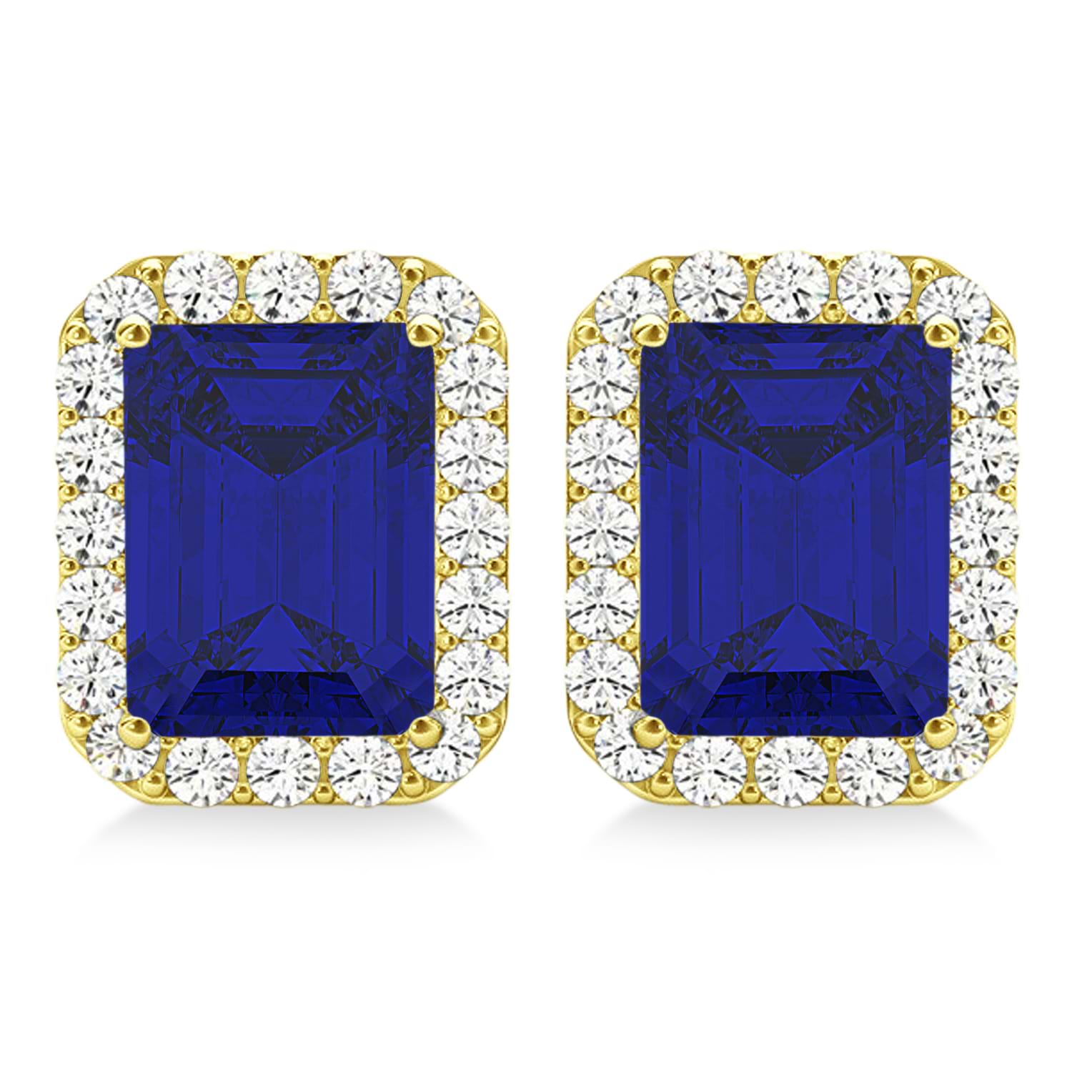 Emerald Cut Lab Blue Sapphire & Diamond Halo Earrings 14k Yellow Gold (2.60ct)