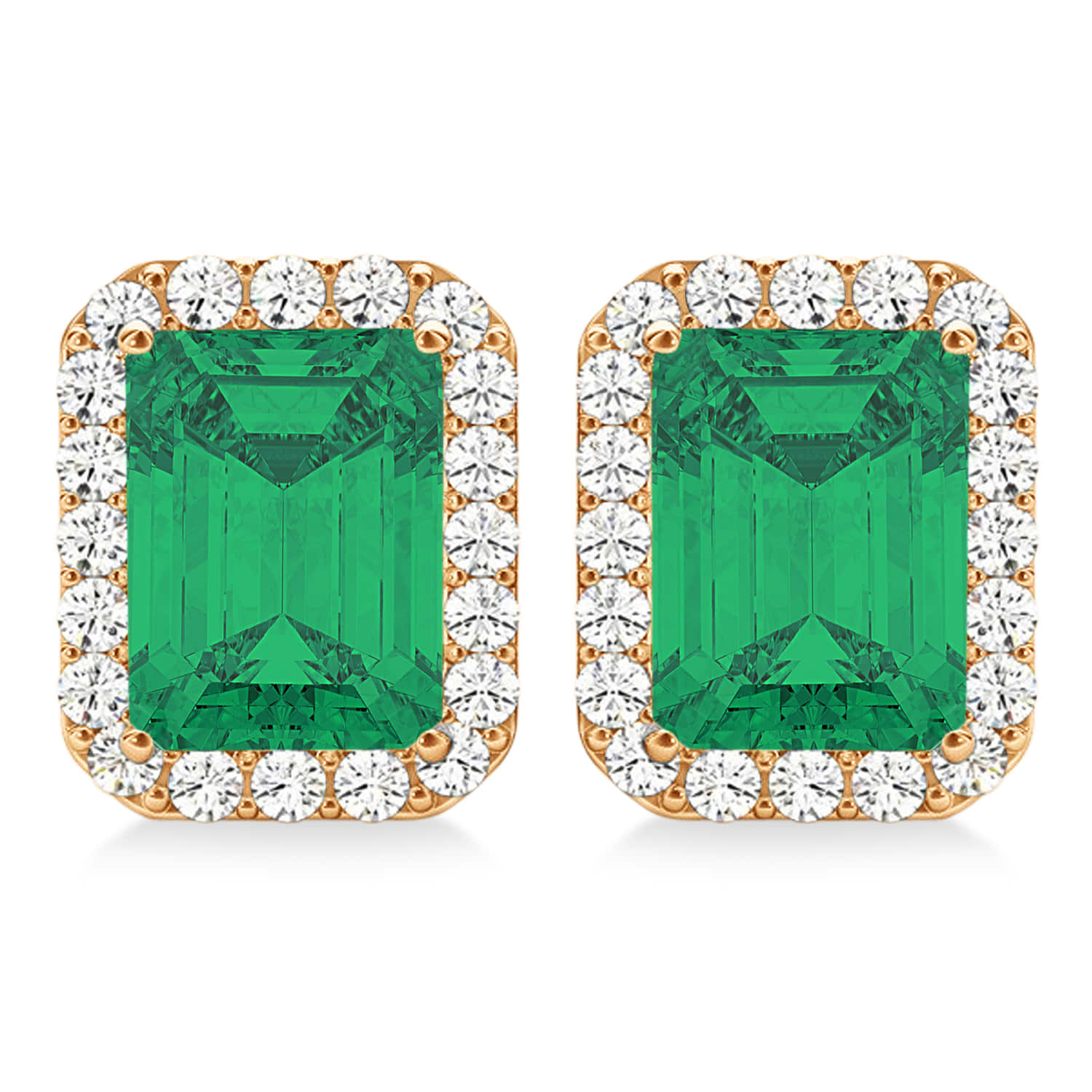 Emerald Cut Lab Emerald & Diamond Halo Earrings 14k Rose Gold (2.10ct)