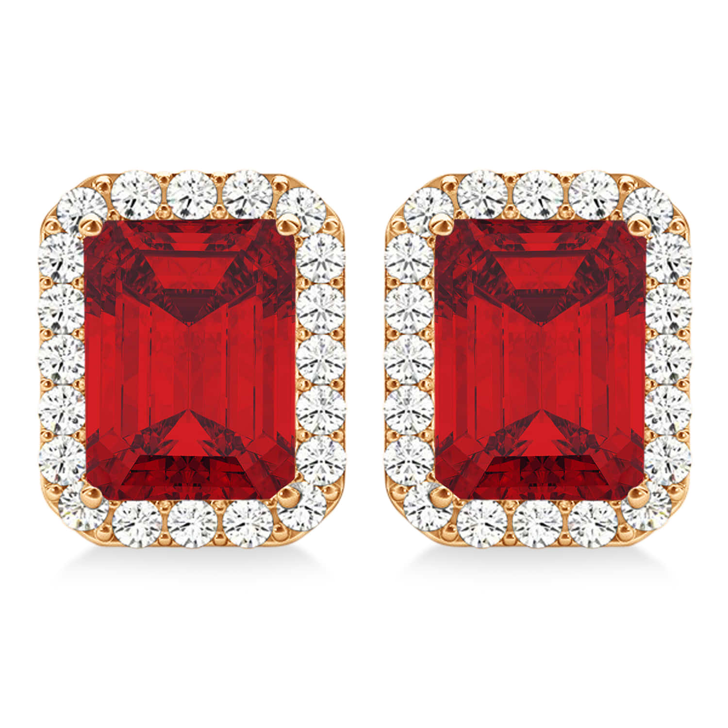 Emerald Cut Lab Ruby & Diamond Halo Earrings 14k Rose Gold (2.60ct)