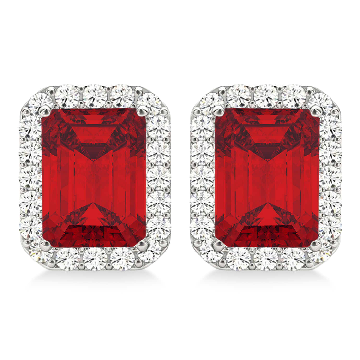 Emerald Cut Lab Ruby & Diamond Halo Earrings 14k White Gold (2.60ct)