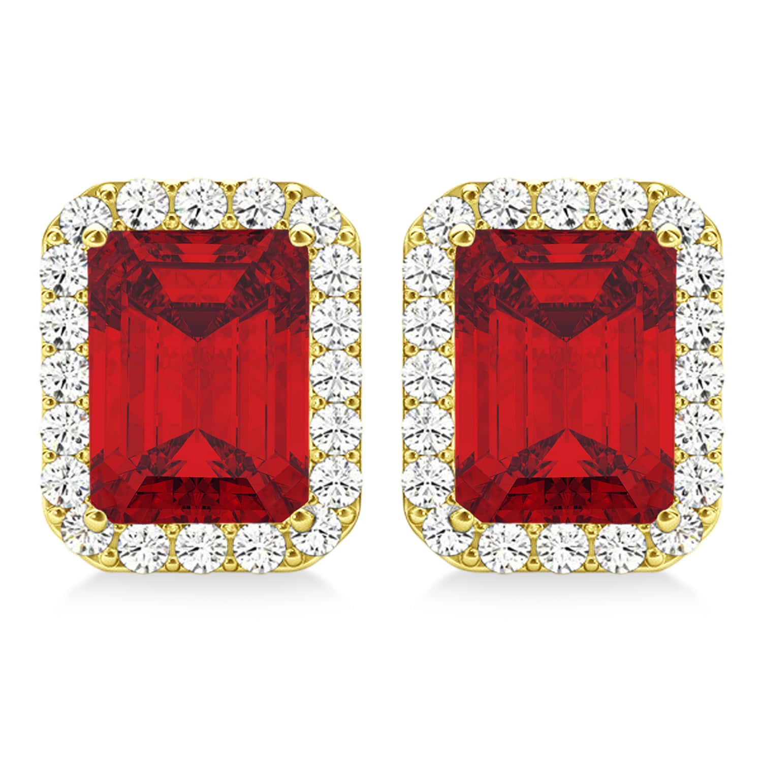 Emerald Cut Lab Ruby & Diamond Halo Earrings 14k Yellow Gold (2.60ct)