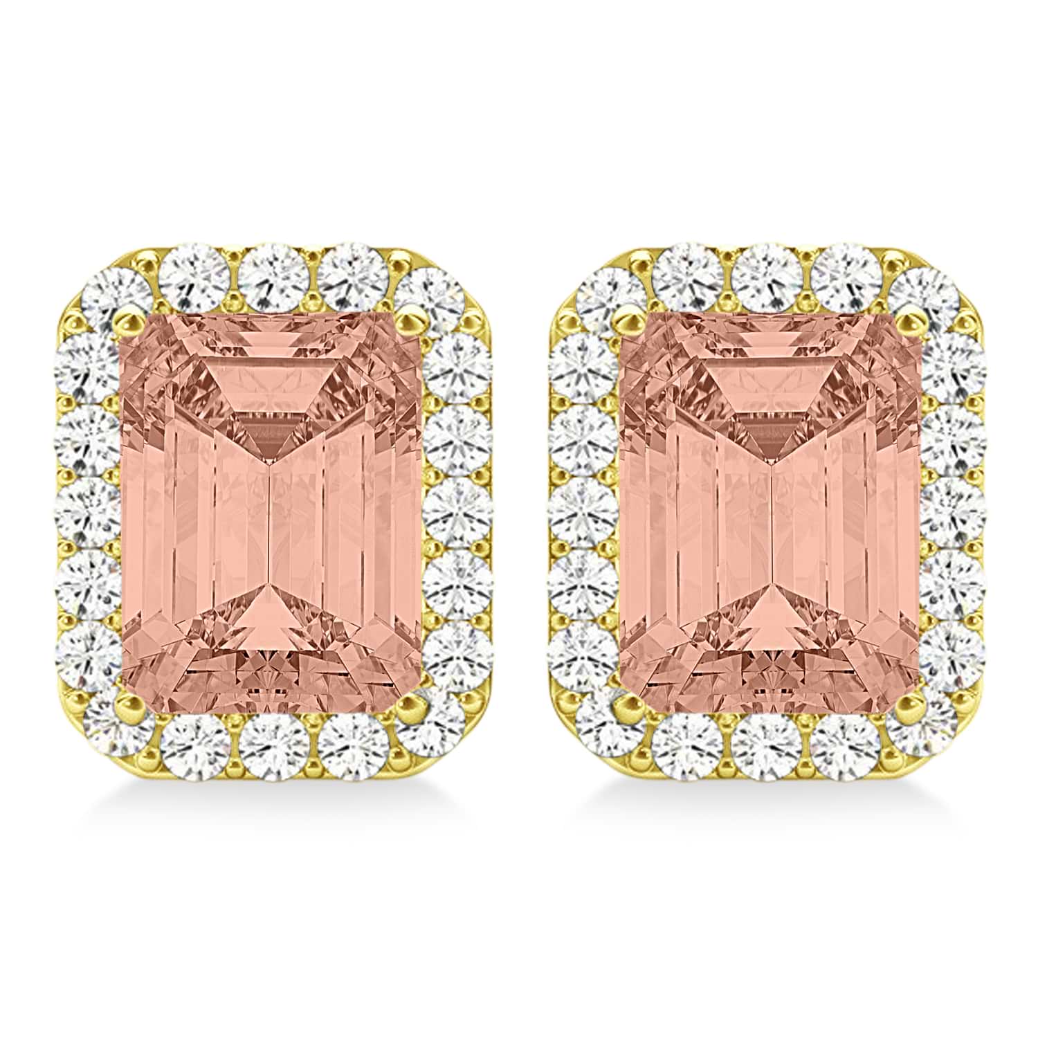 Emerald Cut Morganite & Diamond Halo Earrings 14k Yellow Gold (2.10ct)