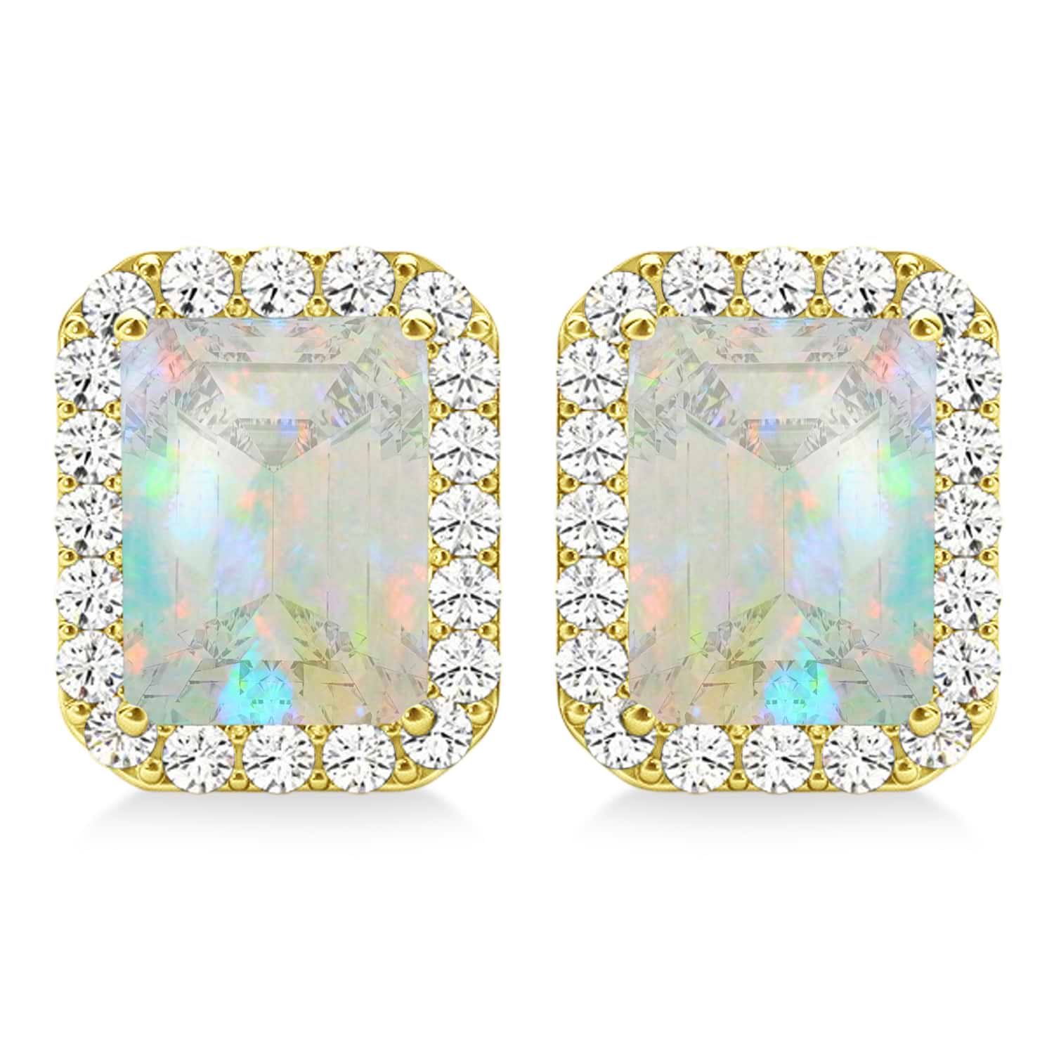 Emerald Cut Opal & Diamond Halo Earrings 14k Yellow Gold (1.50ct)