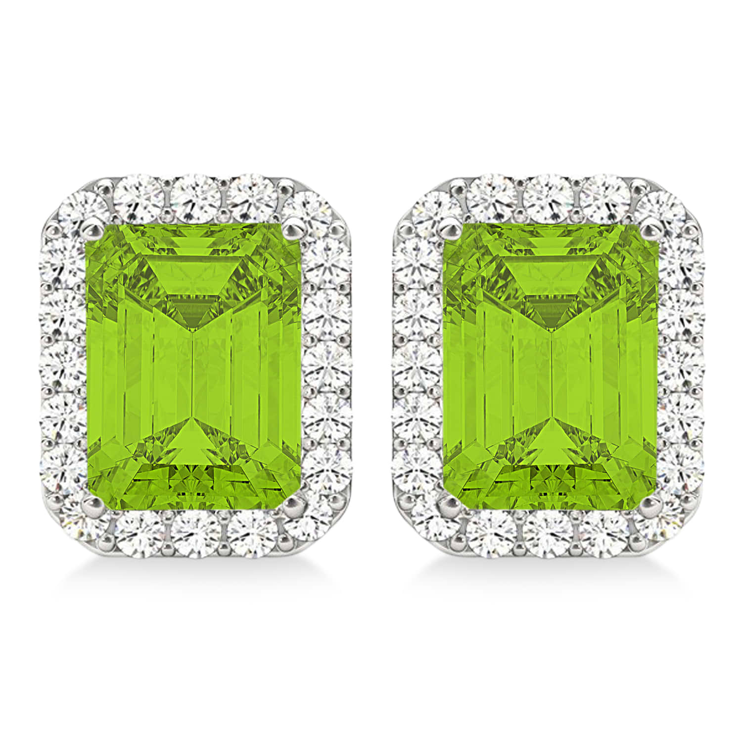 Emerald Cut Peridot & Diamond Halo Earrings 14k White Gold (2.30ct)