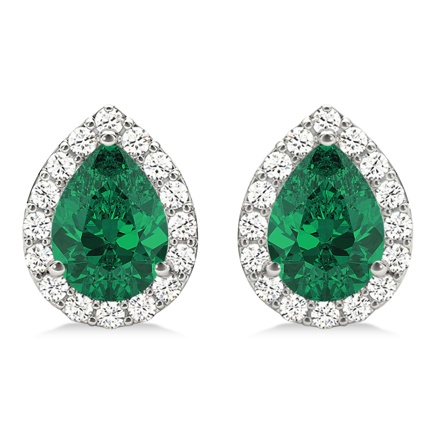 Teardrop Emerald & Diamond Halo Earrings 14k White Gold (1.64ct)