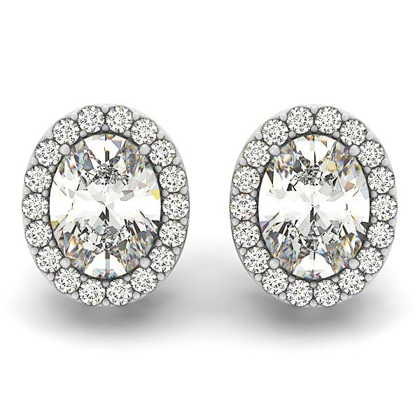 Oval-shape Diamond Halo Stud Earrings 14k White Gold (1.80ct)