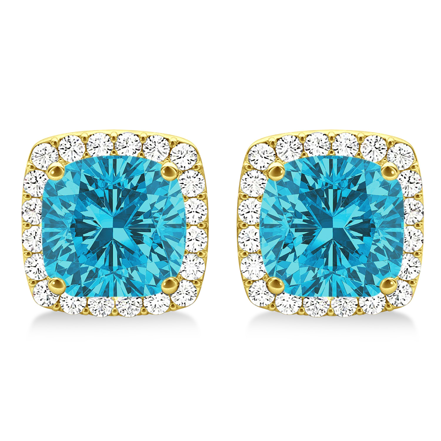 Cushion Cut Blue & White Diamond Halo Earrings 14k Yellow Gold (1.22ct)