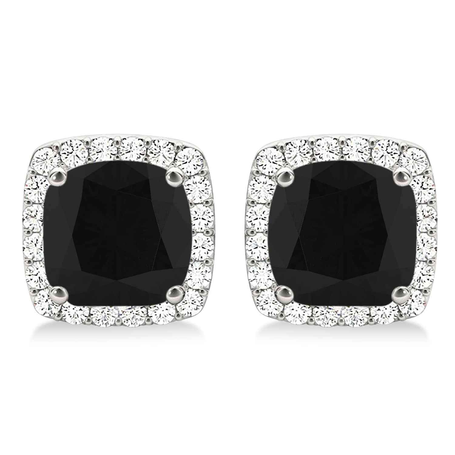 Cushion Cut Black & White Diamond Halo Earrings 14k White Gold (1.22ct)