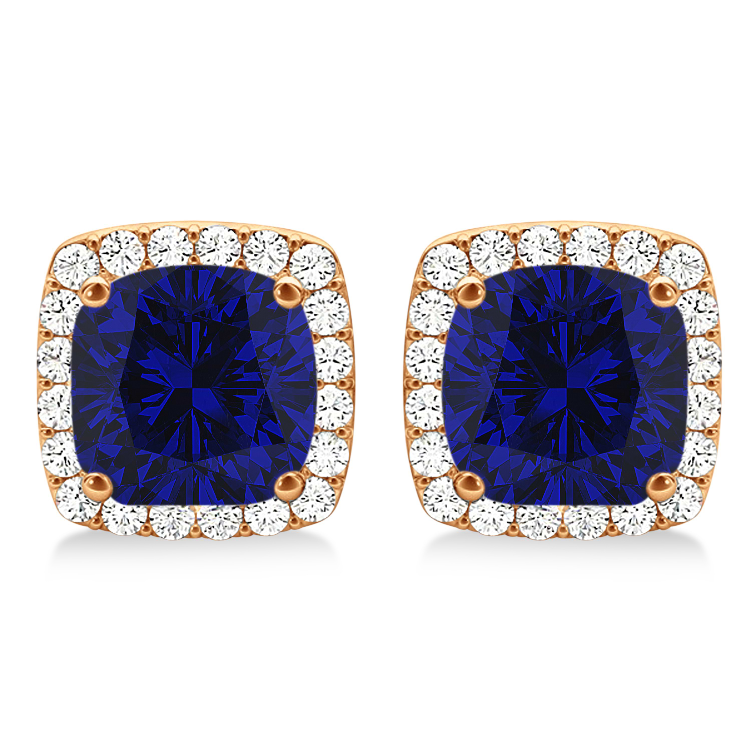 Cushion Cut Blue Sapphire & Diamond Halo Earrings 14k Rose Gold (1.50ct)