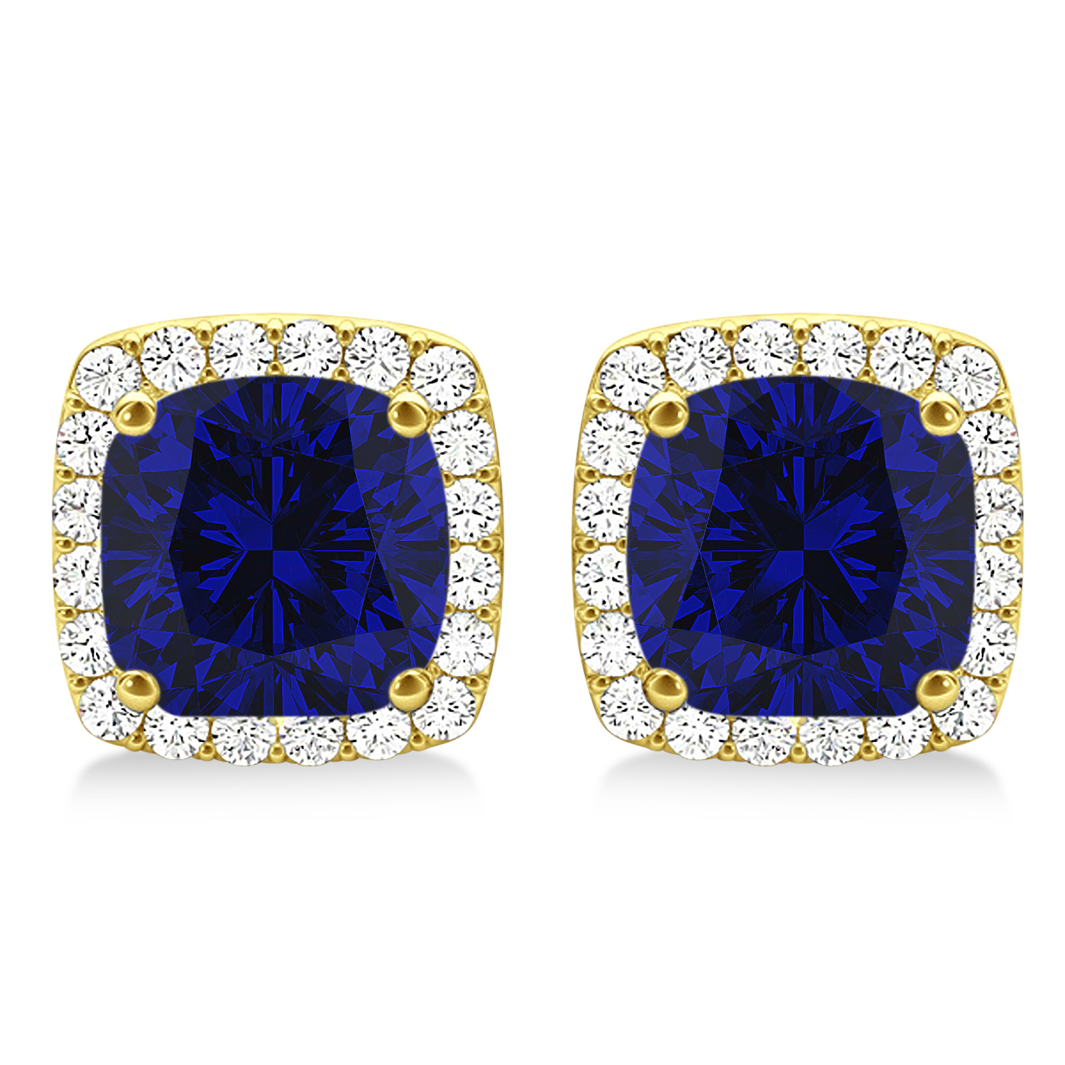 Cushion Cut Blue Sapphire & Diamond Halo Earrings 14k Yellow Gold (1.50ct)