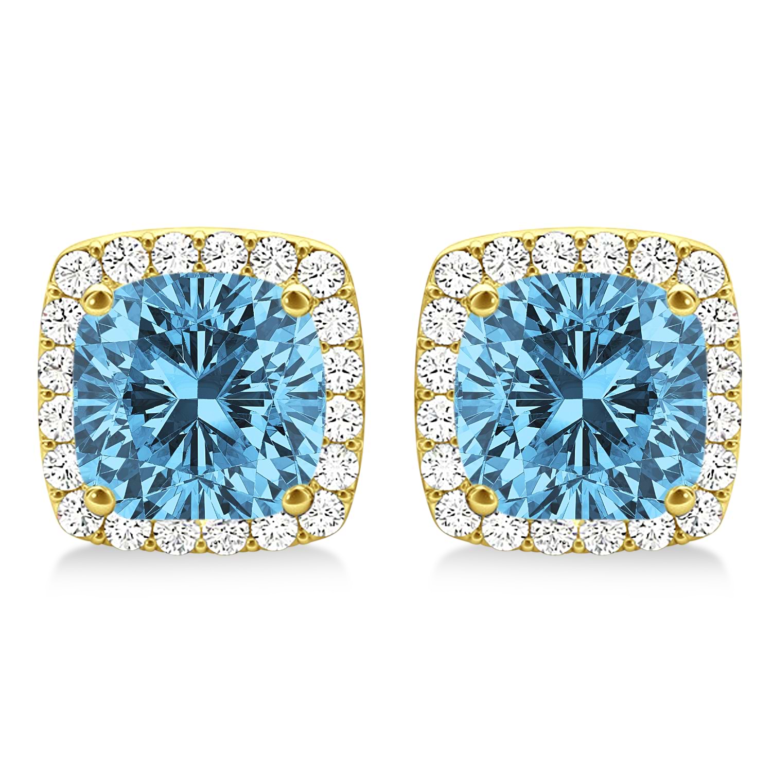 Cushion Cut Blue Topaz & Diamond Halo Earrings 14k Yellow Gold (1.50ct)