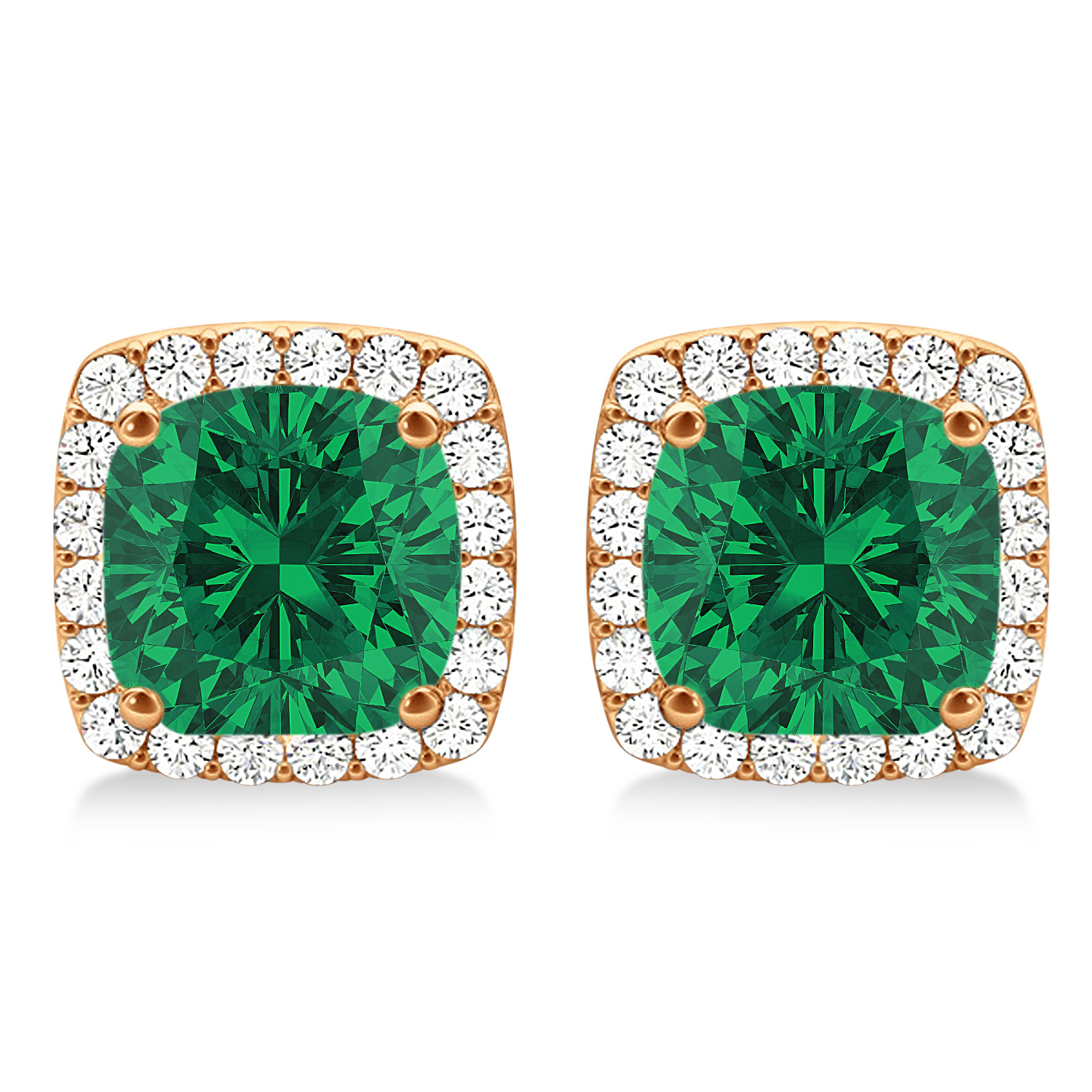 Cushion Cut Emerald & Diamond Halo Earrings 14k Rose Gold (1.50ct)
