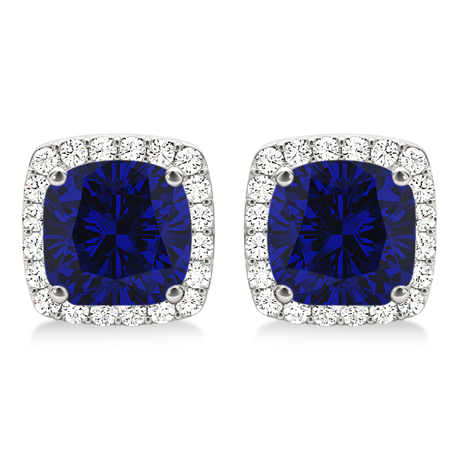 Cushion Cut Lab Blue Sapphire & Diamond Halo Earrings 14k White Gold (1.50ct)