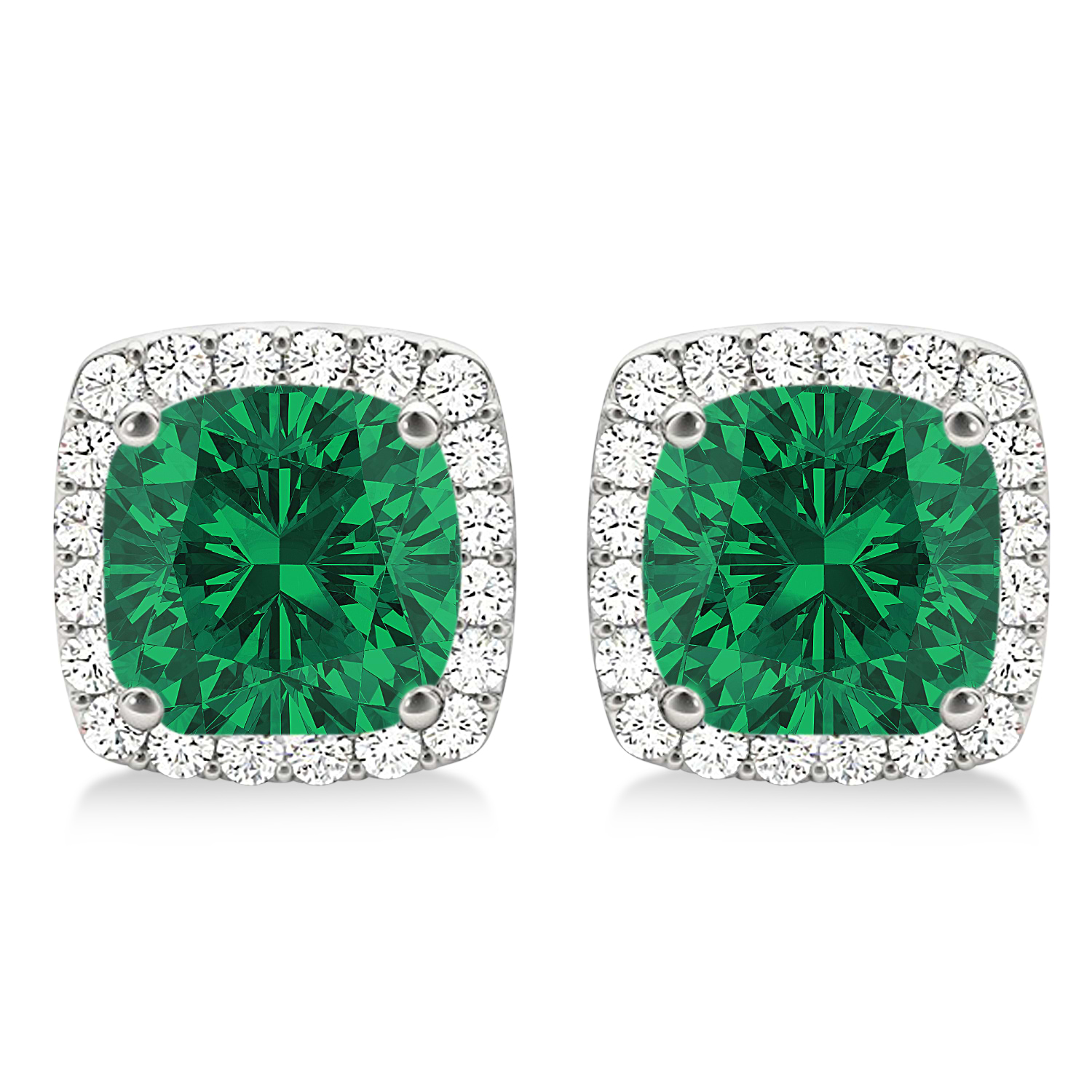 Cushion Cut Lab Emerald & Diamond Halo Earrings 14k White Gold (1.50ct)