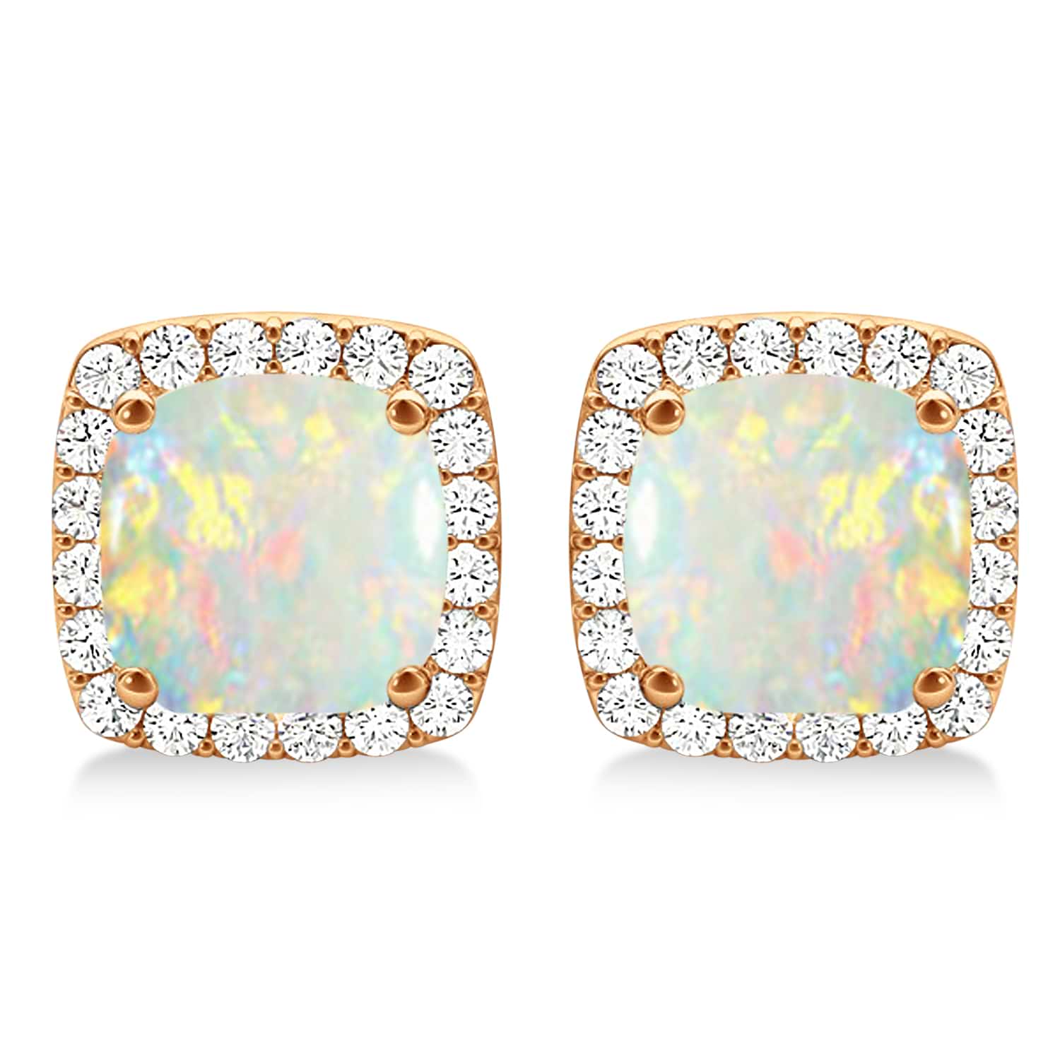 Cushion Cut Opal & Diamond Halo Earrings 14k Rose Gold (1.30ct)