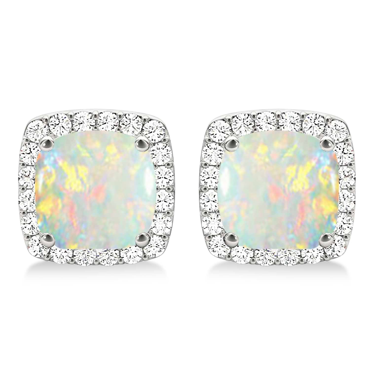 Cushion Cut Opal & Diamond Halo Earrings 14k White Gold (1.30ct)