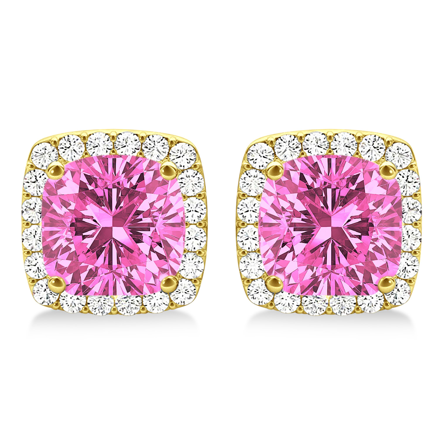 Cushion Cut Pink Sapphire & Diamond Halo Earrings 14k Yellow Gold (1.50ct)