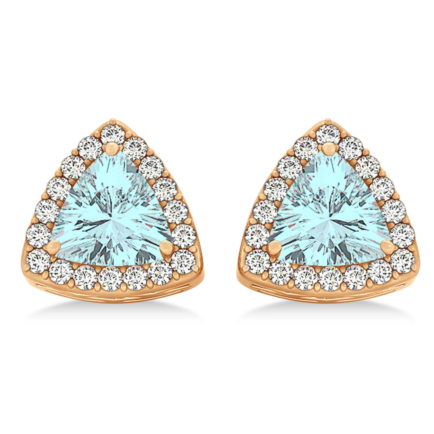 Trilliant Cut Aquamarine & Diamond Halo Earrings 14k Rose Gold (0.93ct)