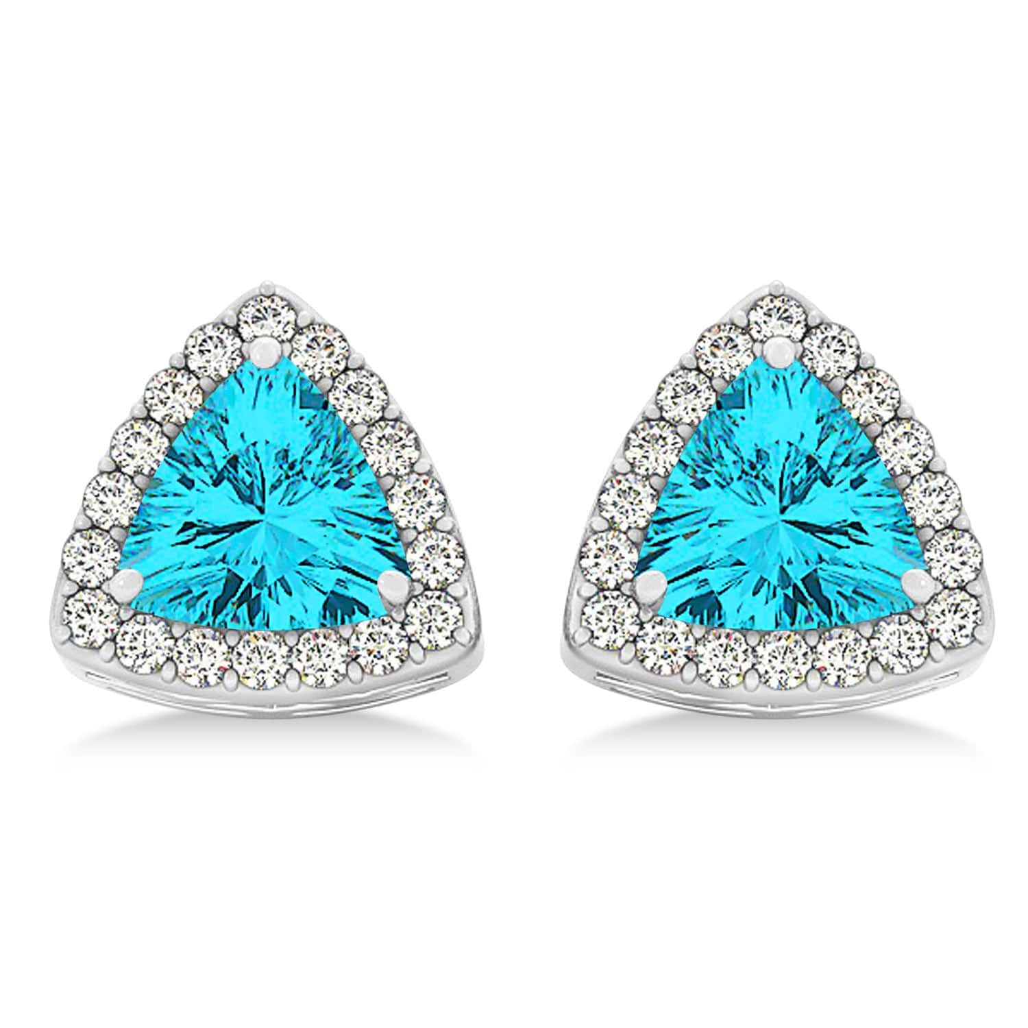 Trilliant Cut Blue & White Diamond Halo Earrings 14k White Gold (1.07ct)