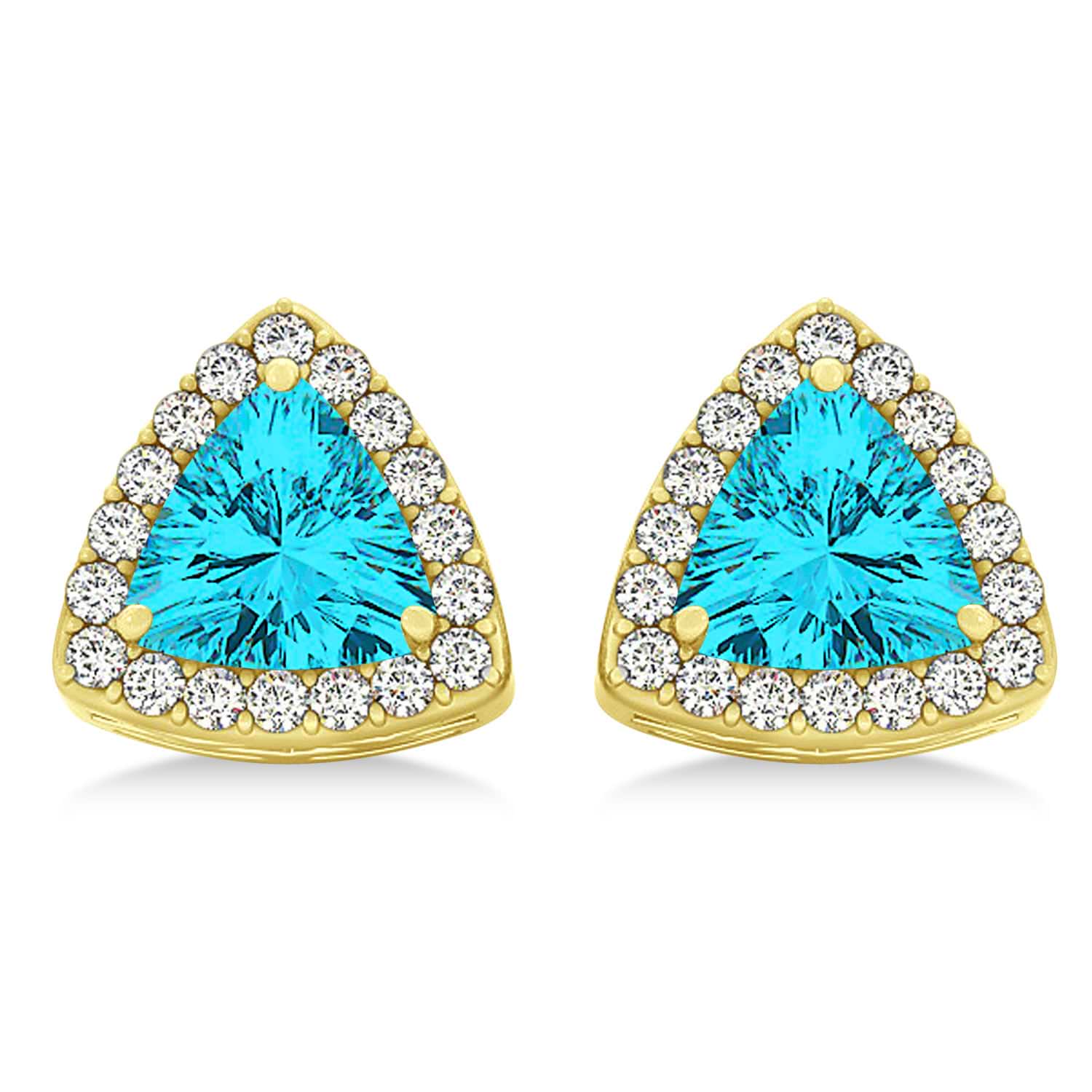 Trilliant Cut Blue & White Diamond Halo Earrings 14k Yellow Gold (1.07ct)