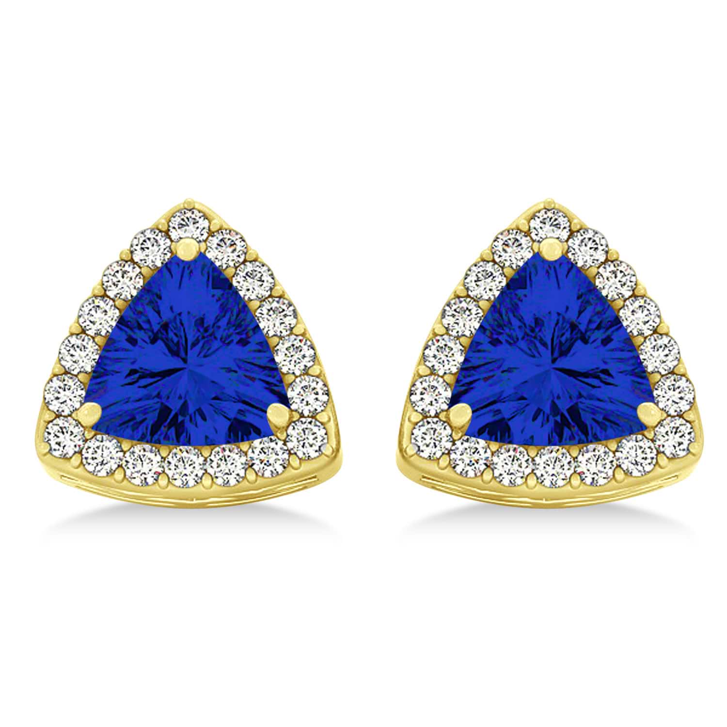Trilliant Cut Blue Sapphire & Diamond Halo Earrings 14k Yellow Gold (0.93ct)