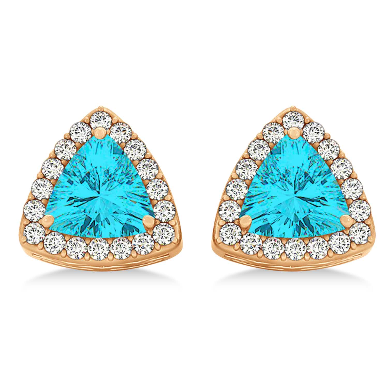 Trilliant Cut Blue Topaz & Diamond Halo Earrings 14k Rose Gold (0.93ct)