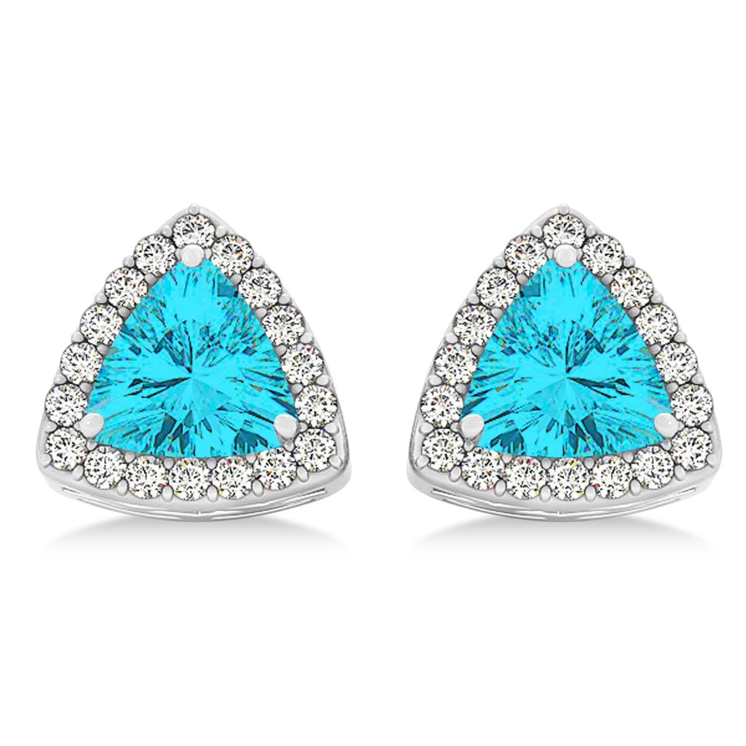 Trilliant Cut Blue Topaz & Diamond Halo Earrings 14k White Gold (0.93ct)