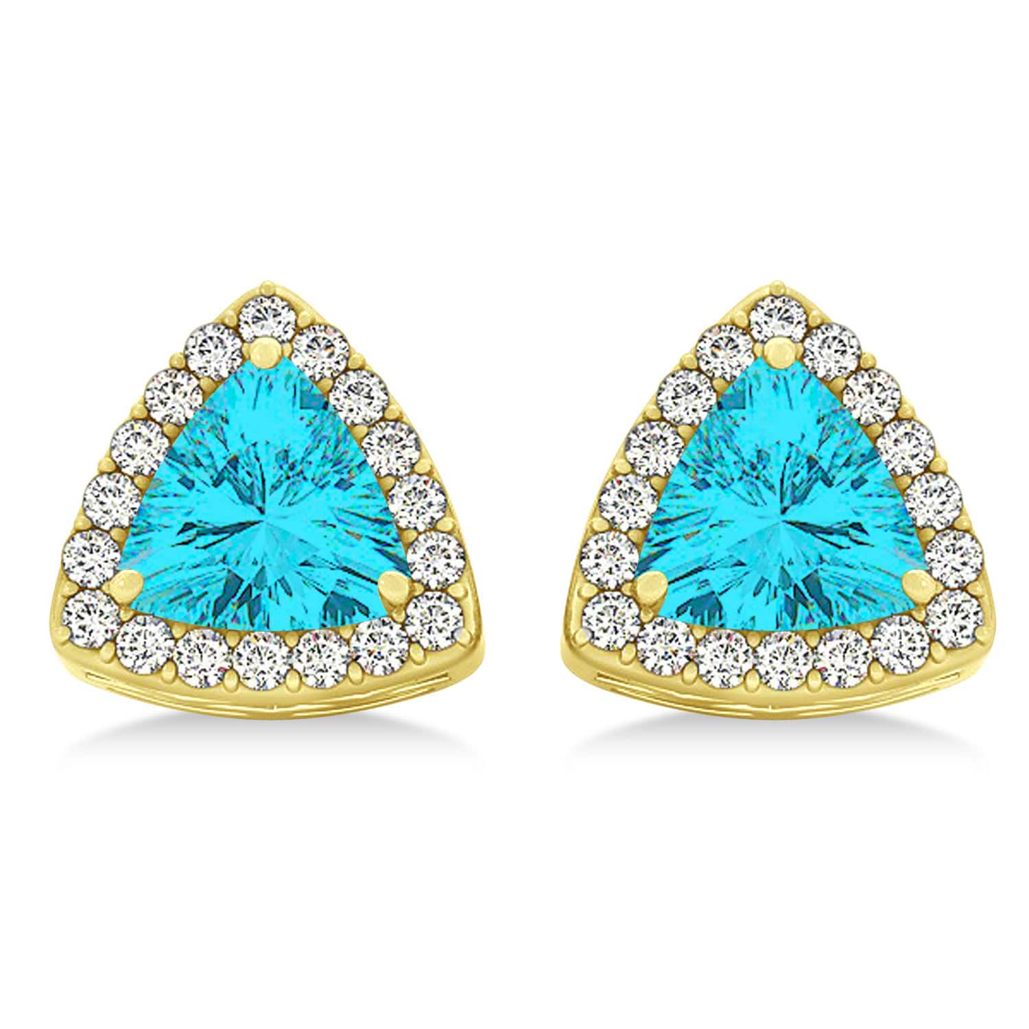 Trilliant Cut Blue Topaz & Diamond Halo Earrings 14k Yellow Gold (0.93ct)