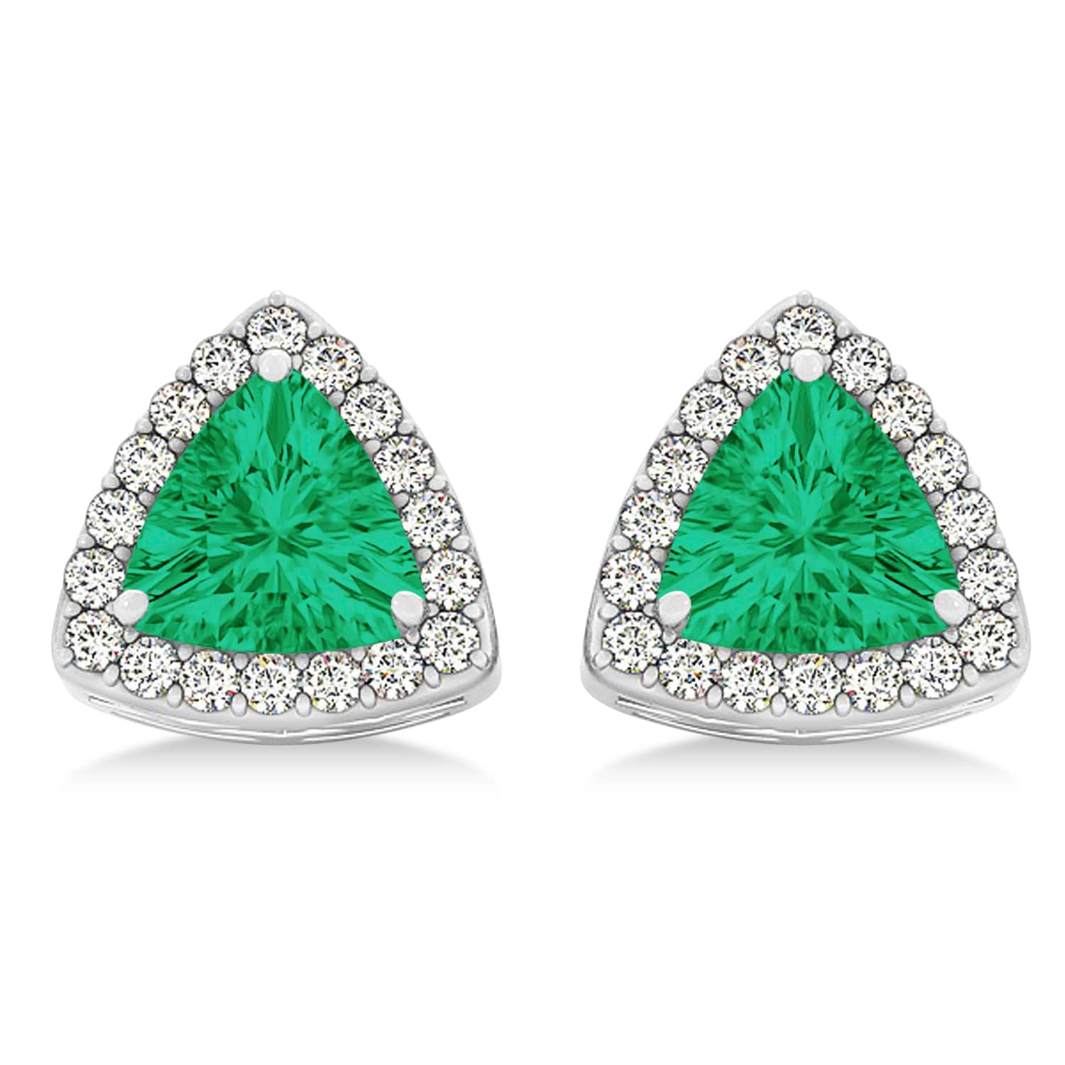 Trilliant Cut Emerald & Diamond Halo Earrings 14k White Gold (0.93ct)