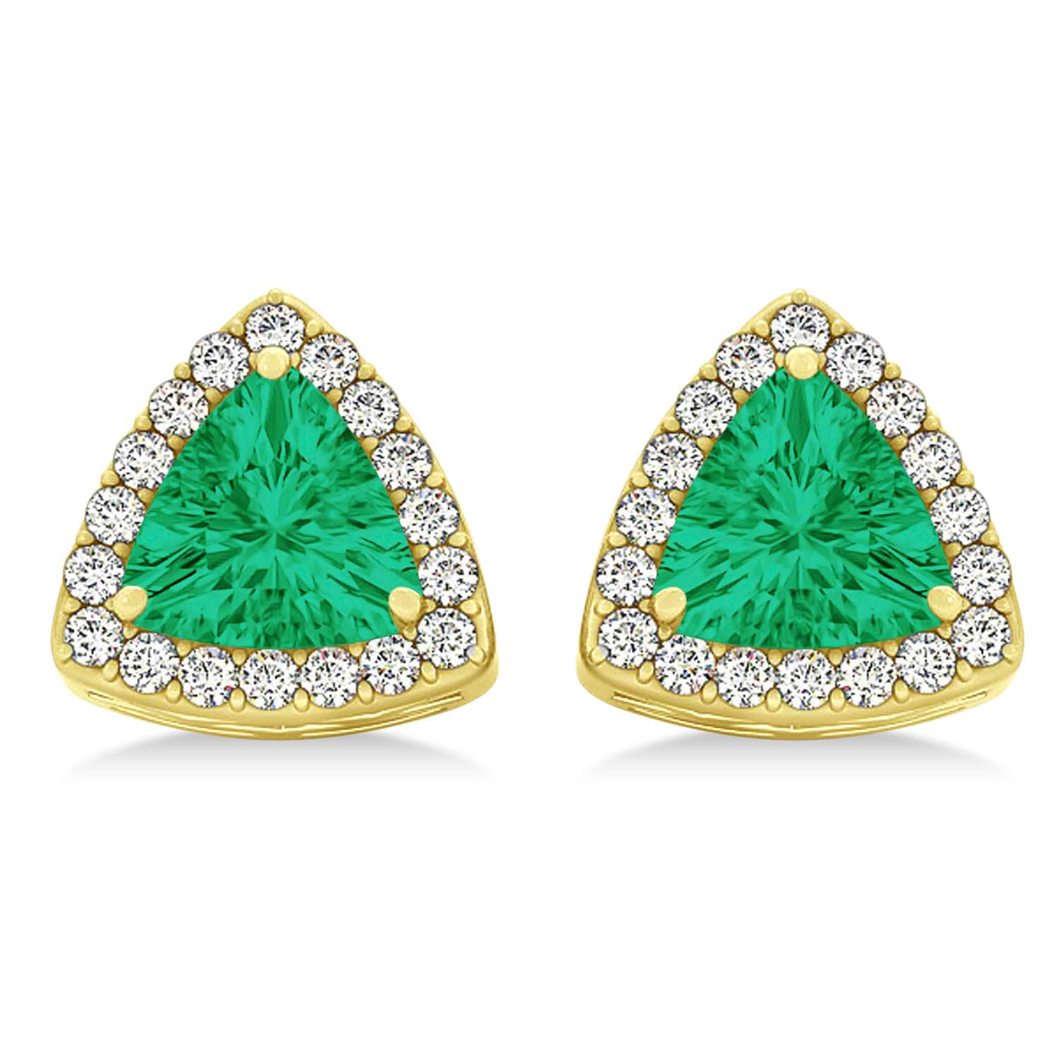 Trilliant Cut Emerald & Diamond Halo Earrings 14k Yellow Gold (0.93ct)