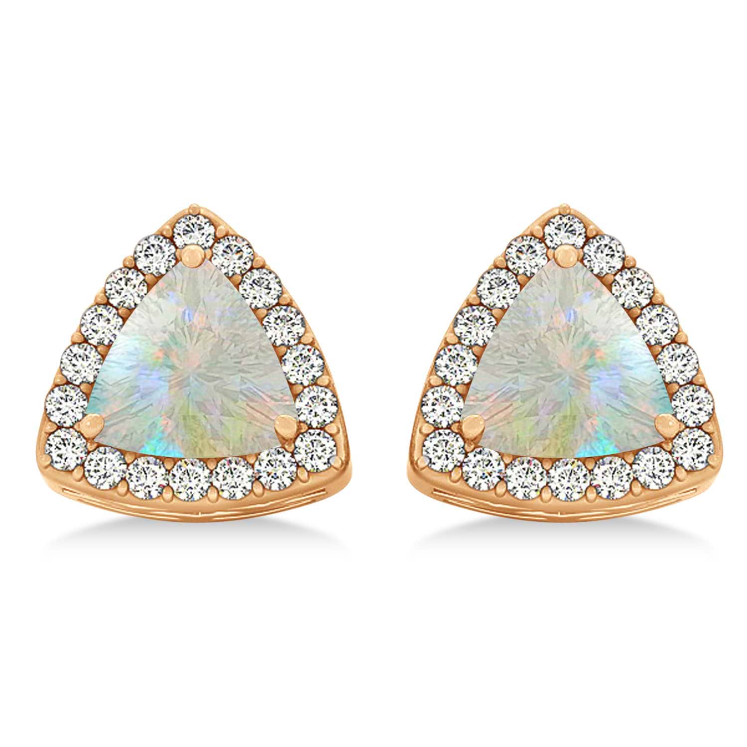 Trilliant Cut Opal & Diamond Halo Earrings 14k Rose Gold (0.93ct)