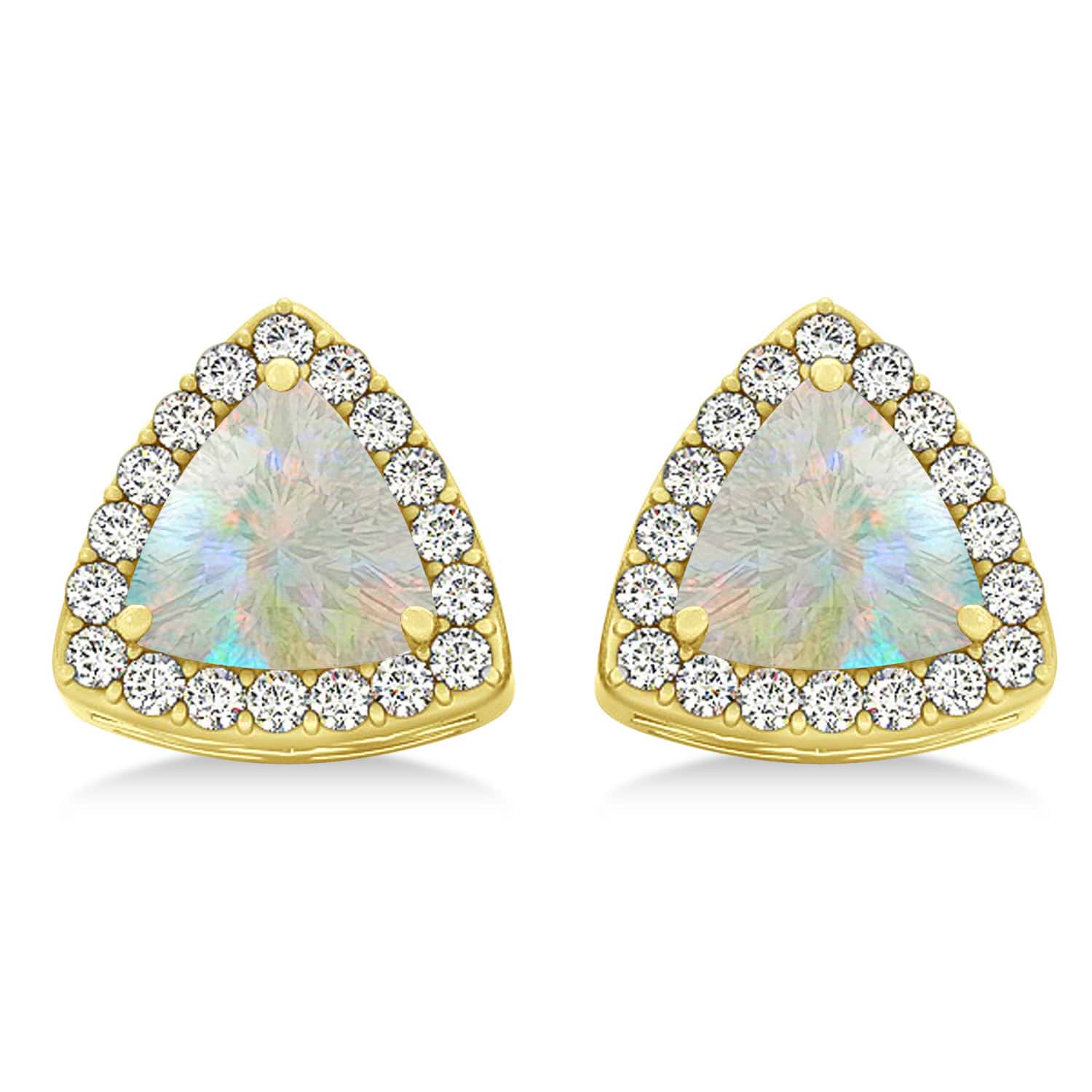 Trilliant Cut Opal & Diamond Halo Earrings 14k Yellow Gold (0.93ct)
