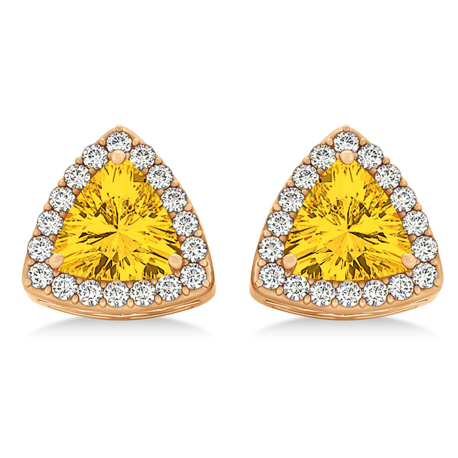 Trilliant Cut Yellow Sapphire & Diamond Halo Earrings 14k Rose Gold (0.93ct)
