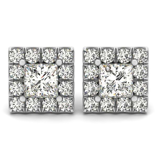 Diamond Princess-cut Halo Stud Earrings 18k White Gold (1.85ct)