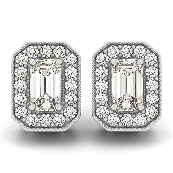 Diamond Emerald-cut Halo Stud Earrings 14k White Gold (0.90ct)