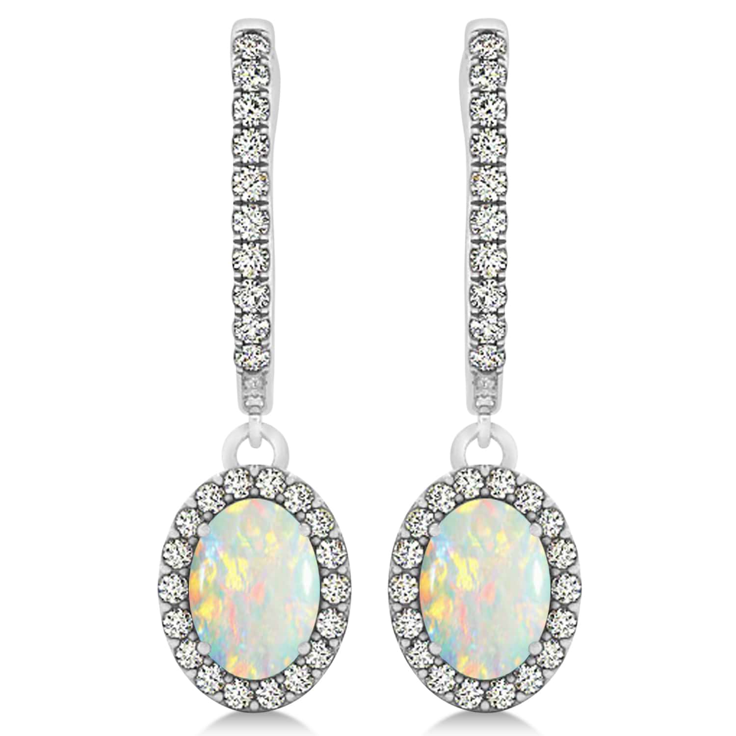 Oval Halo Diamond & Opal Drop Earrings in 14k White Gold 0.96ct