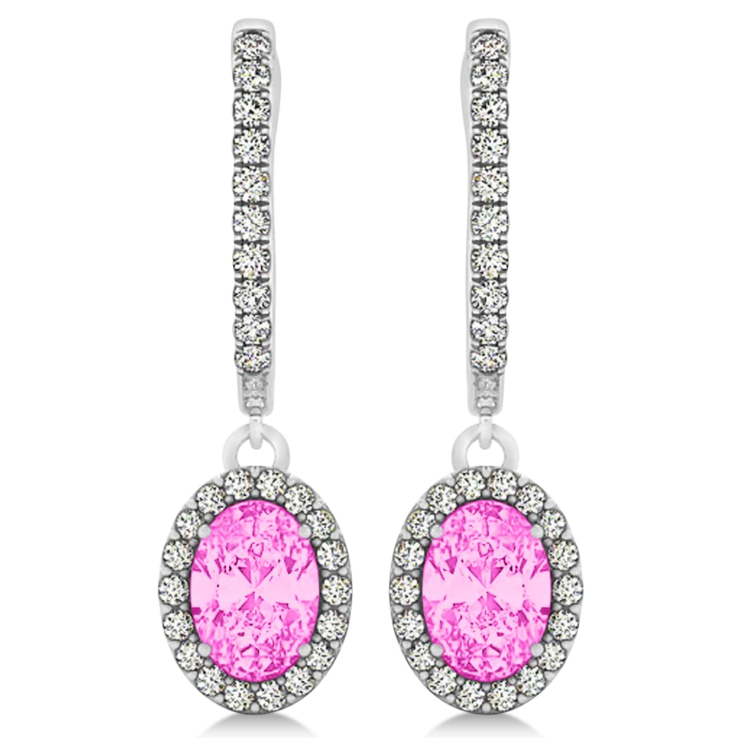 Oval Halo Diamond & Pink Sapphire Drop Earrings in 14k White Gold 1.60ct