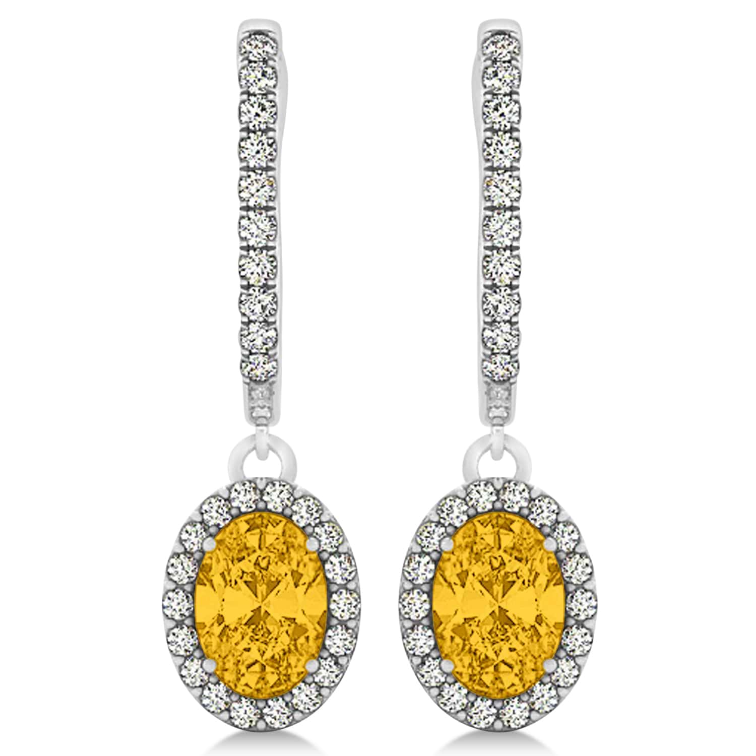 Oval Halo Diamond & Yellow Sapphire Drop Earrings in 14k White Gold 1.60ct