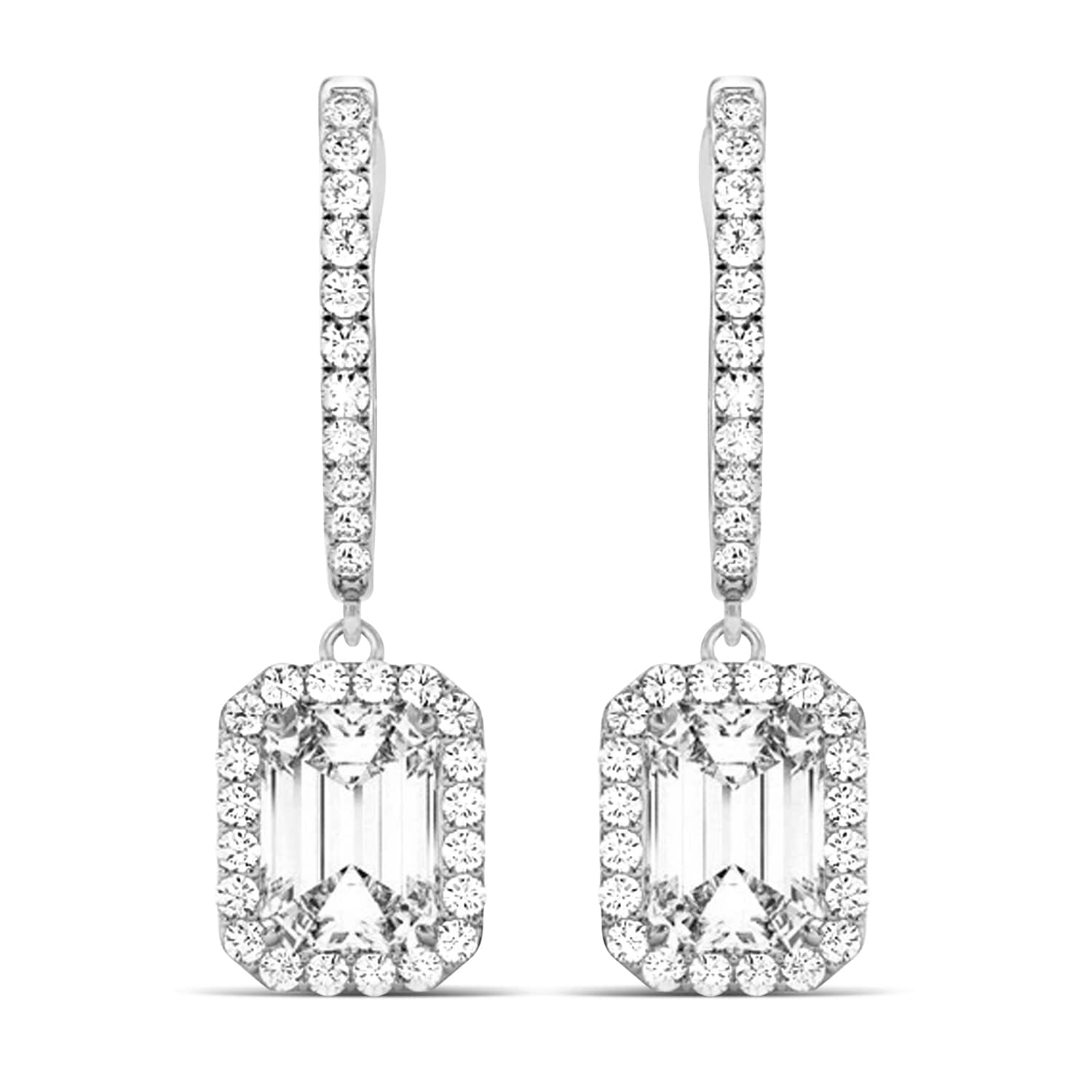 Emerald Cut Halo Diamond Drop Earrings in 14k White Gold (2.60ct)