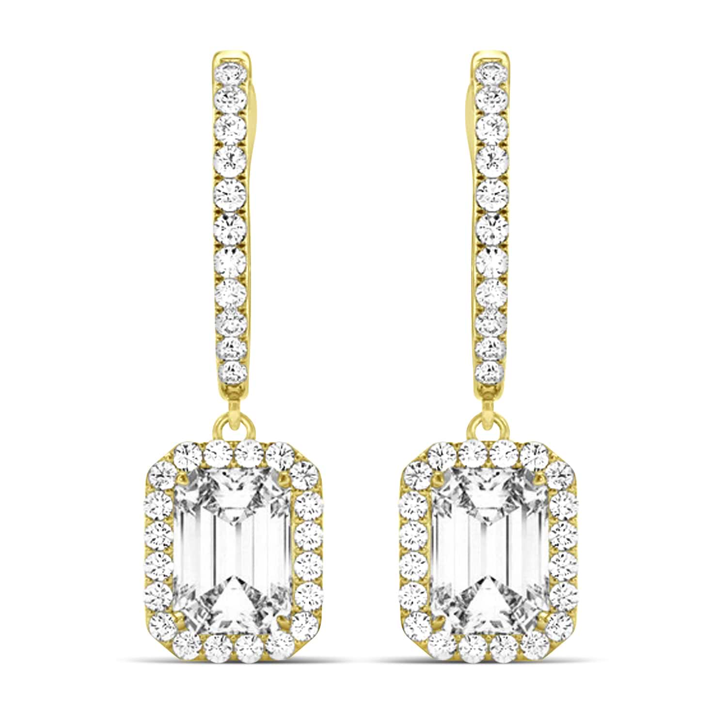 Emerald Shape Lab Diamond Halo Dangling Earrings 14k Yellow Gold (1.50ct)