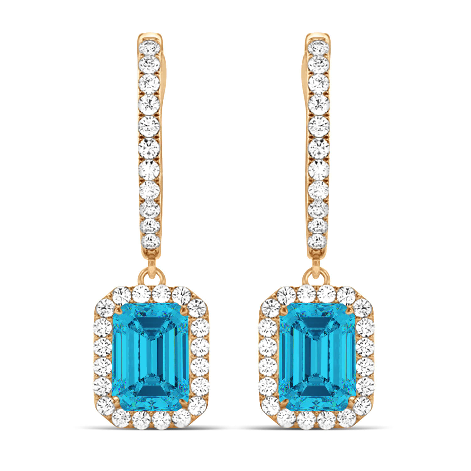 Emerald Shape Blue Diamond & Diamond Halo Dangling Earrings 14k Rose Gold (1.50ct)