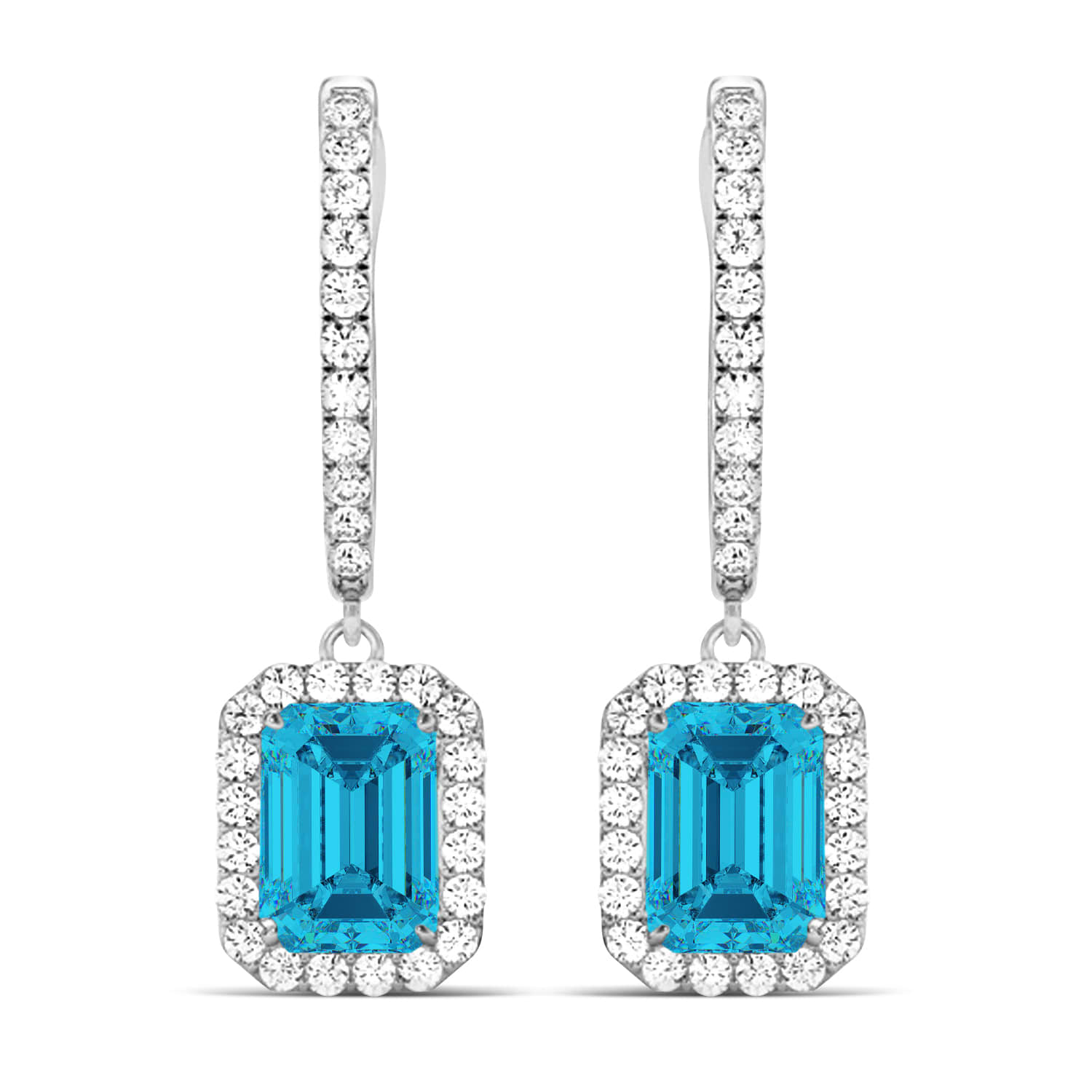Emerald Shape Blue Diamond & Diamond Halo Dangling Earrings 14k White Gold (1.50ct)