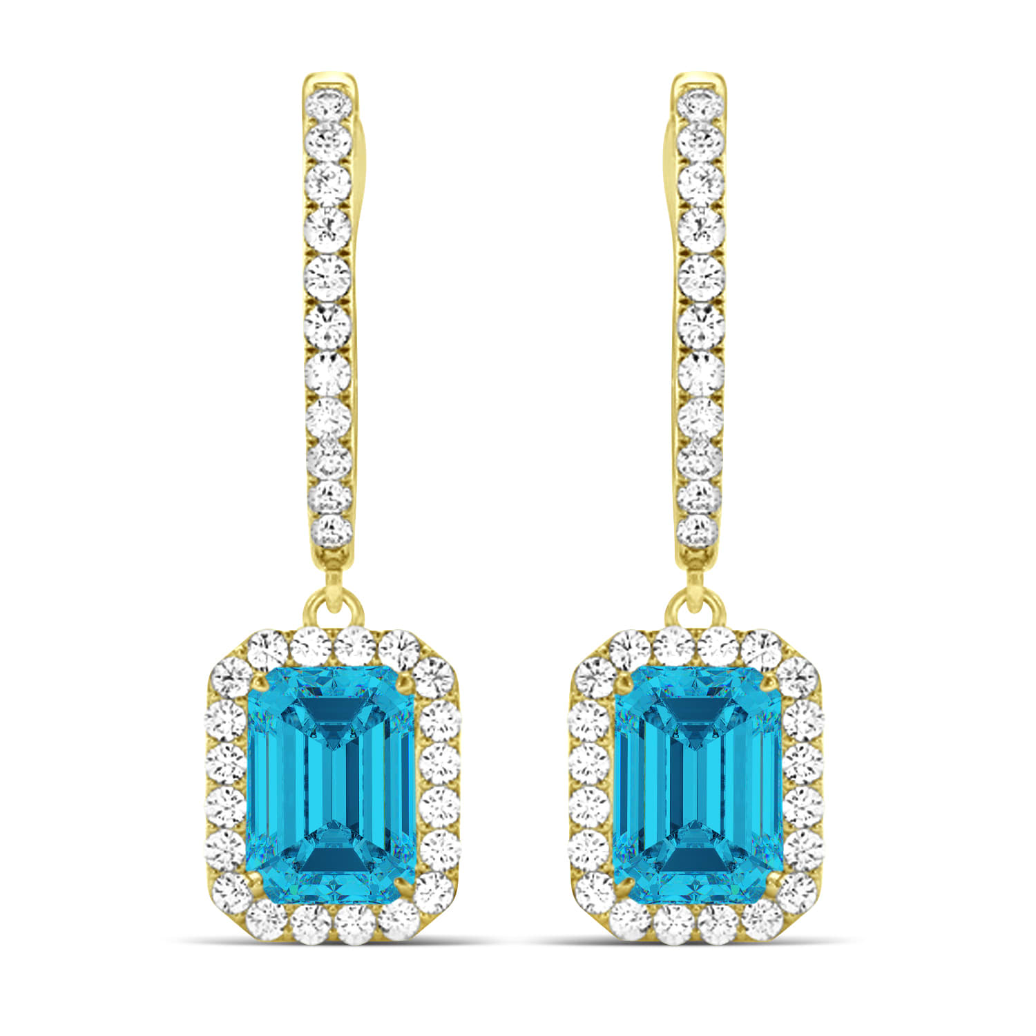 Emerald Shape Blue Diamond & Diamond Halo Dangling Earrings 14k Yellow Gold (1.50ct)