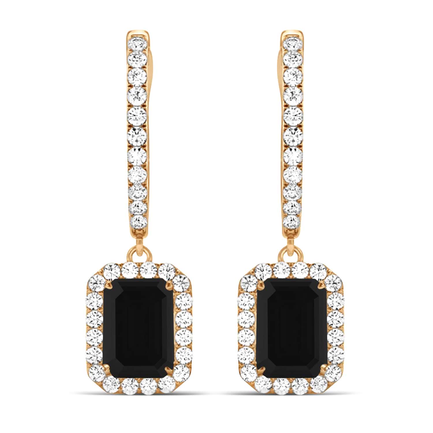 Emerald Shape Black Diamond & Diamond Halo Dangling Earrings 14k Rose Gold (1.50ct)