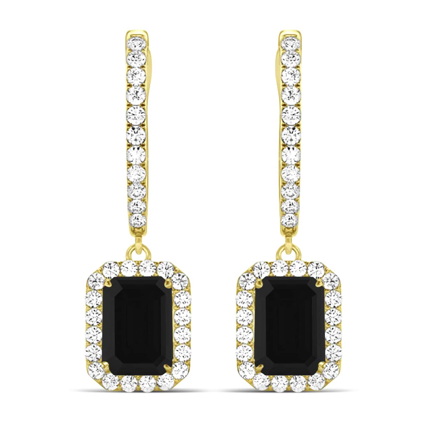 Emerald Shape Black Diamond & Diamond Halo Dangling Earrings 14k Yellow Gold (1.50ct)
