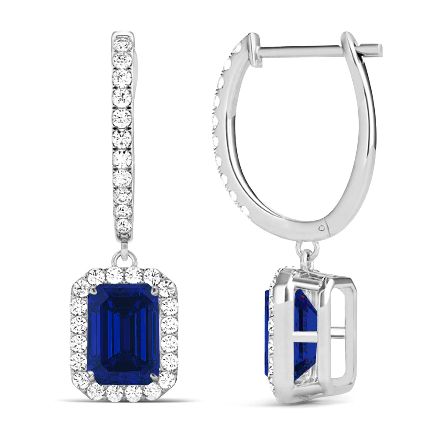 Emerald Shape Blue Sapphire & Diamond Halo Dangling Earrings 14k White Gold (1.90ct)