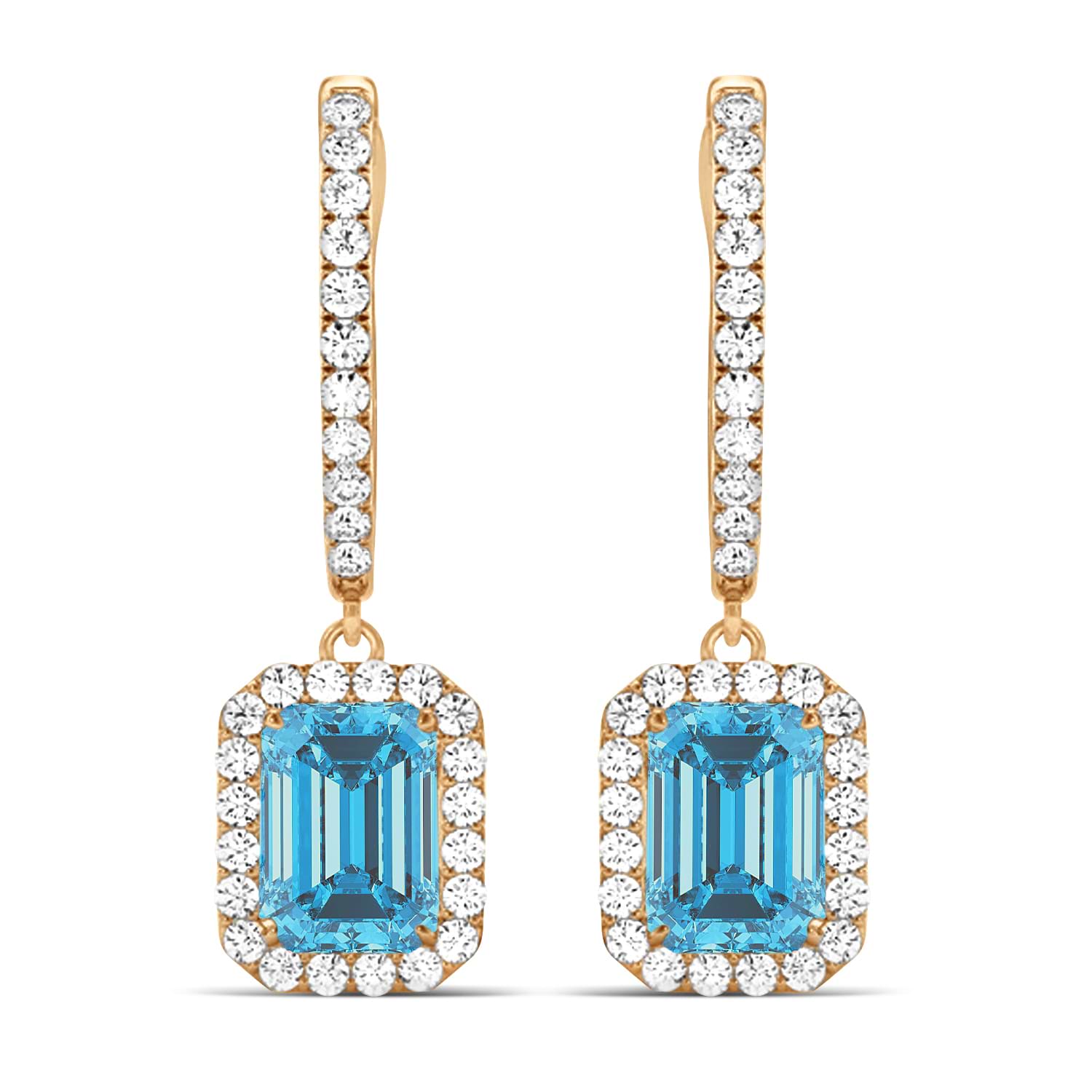 Emerald Shape Blue Topaz & Diamond Halo Dangling Earrings 14k Rose Gold (1.80ct)